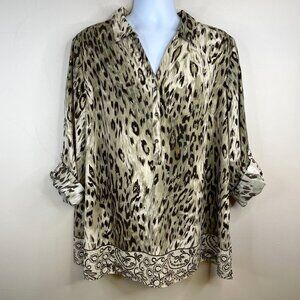 Women's Animal Print Satin Blouse - Olive & Black